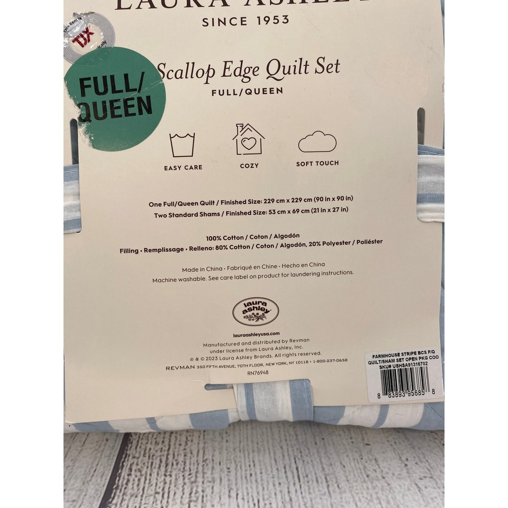 Laura Ashley Scallop Edge Quilt Set Full/Queen Blue White Striped Feminine Cozy - Picture 7 of 12
